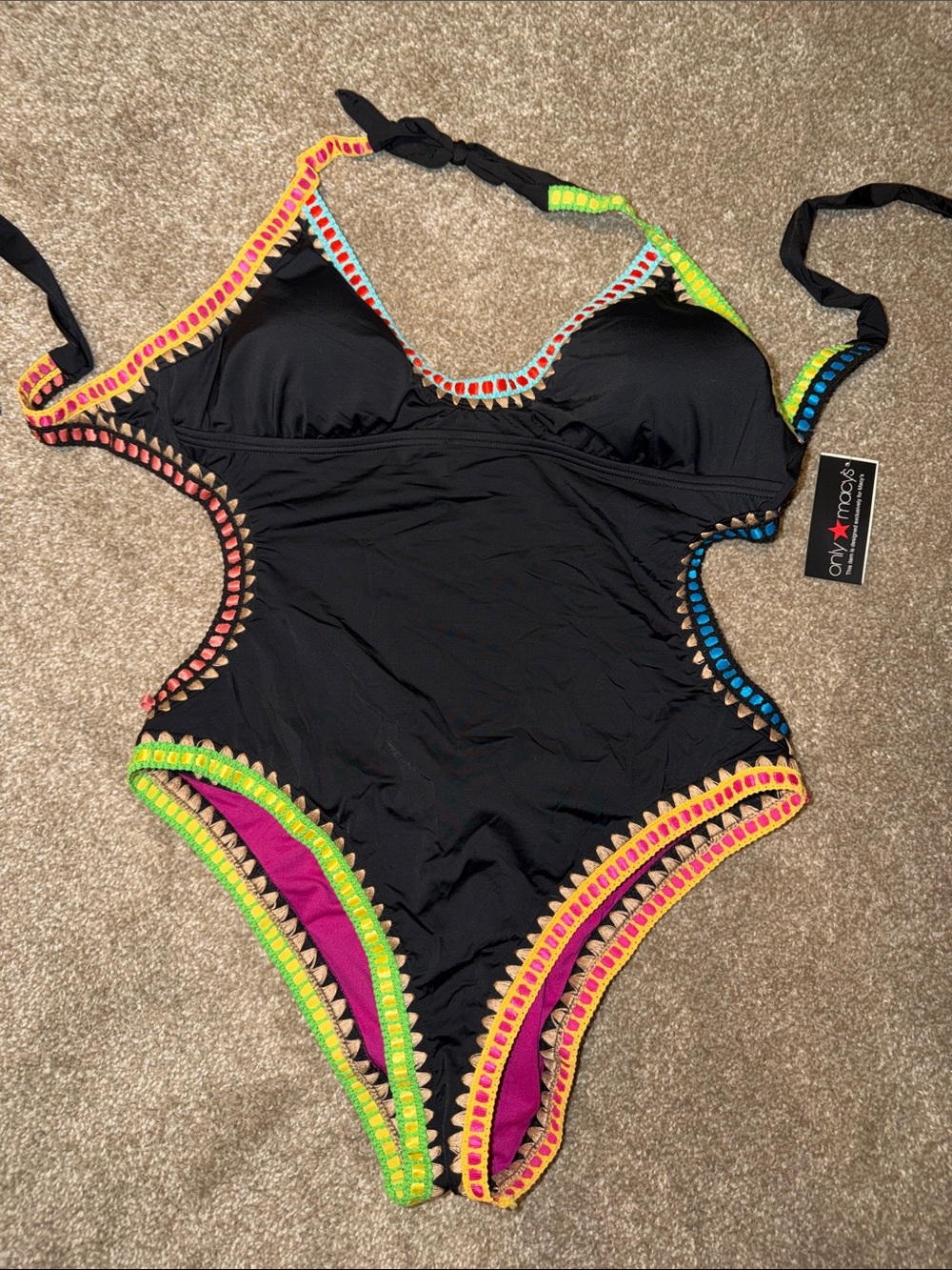Bar III One-Piece Swimsuit with Neon Crochet Trim NWT $88